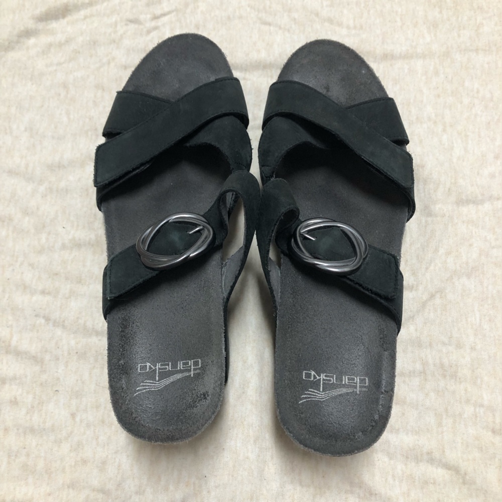 Dansko Susie Slide On Wedge Sandals Suede Leather Adjustable Straps Black